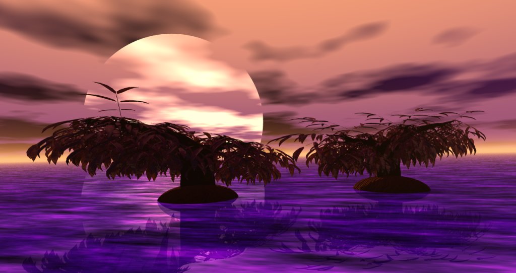 A seascape on Azbzak, complete with floating trees, created with Bryce 5.5