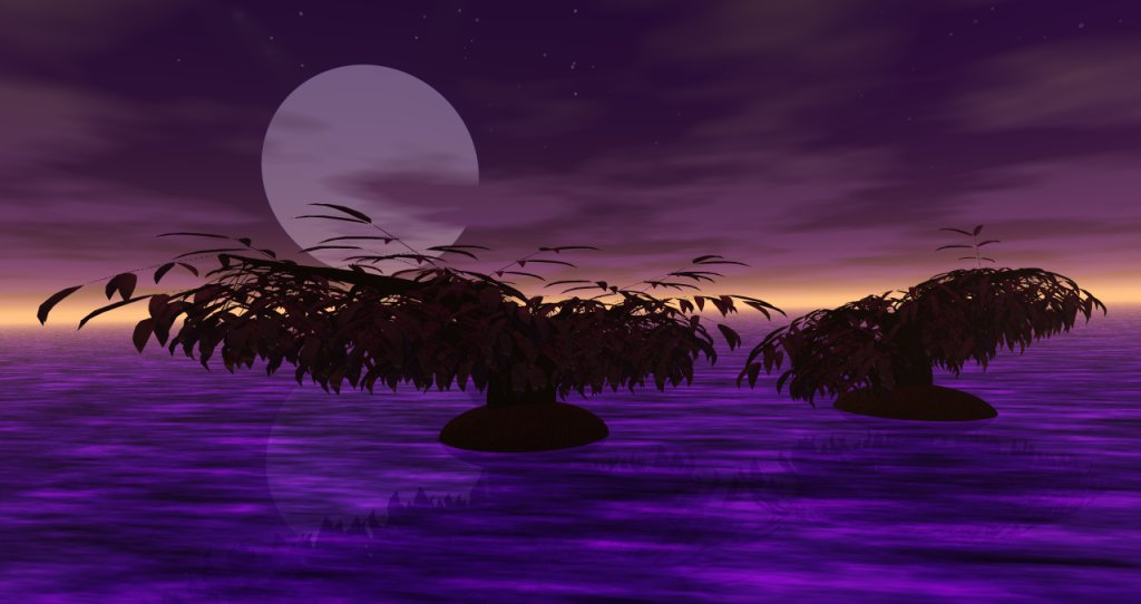 A seascape on Azbzak, complete with floating trees, created with Bryce 5.5