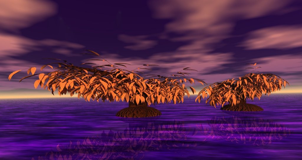 A seascape on Azbzak, complete with floating trees, created with Bryce 5.5